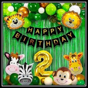 Jungle Theme Birthday Party Decoration Set 52 Pcs – Animal Safari Birthday Decorations for Kids Boys & Girls with Balloons, Foil Curtains & Happy Birthday Banner