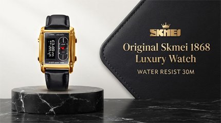 Original Skmei 1868 Boys New Style Design Famous Watch Digital Analog Mens Wrist Watches for Men Luxury Watch - Without Box - Black With Golden Case
