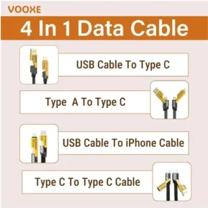 4 in 1 Data Cable Pack of 2 – USB-C & Lightning Connectors, Braided Durable Design, Fast Charging & Data Transfer, Black with Yellow Connectors